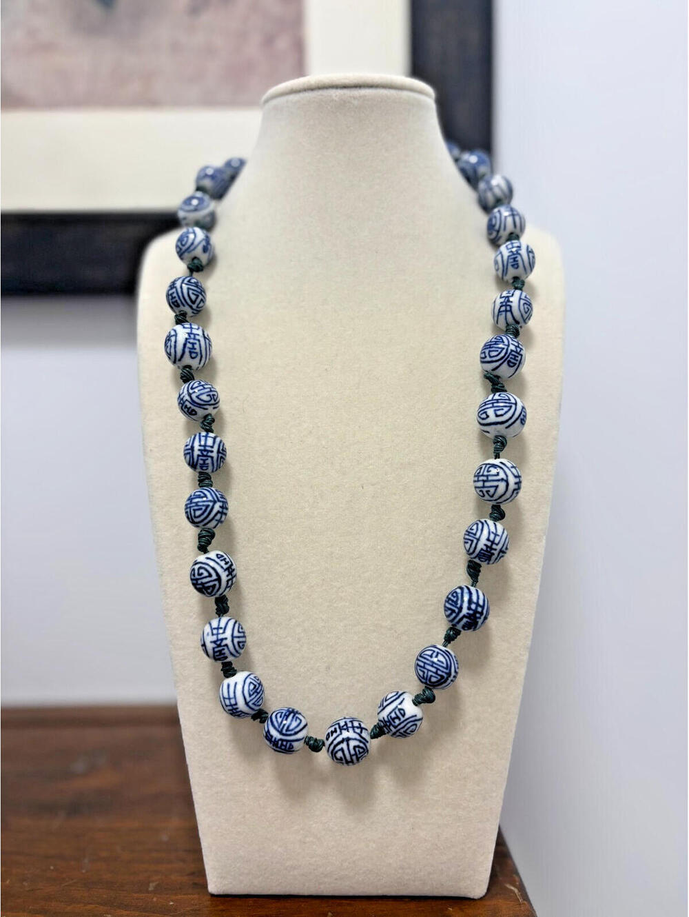 Vintage Chinese Blue White Porcelain Bead Necklace Hand Knotted Painted 22"